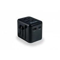 Various Verbatim UTA-02 Universal Travel Adapter with USB-C PD 20W and USB-A QC 3.0 ports, compact black travel power converter for worldwide electronic device charging