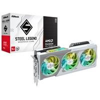 Various ASRock AMD Radeon RX 9060 XT Steel Legend OC 16GB GDDR6 Graphics Card, front view showing triple fan cooling system, black and white design with blue accents, high-performance gaming GPU for PC.