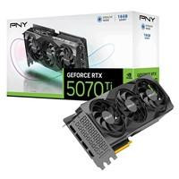 PNY NVIDIA GeForce RTX 5070 Ti 16GB GDDR7 Graphics Card, front view of the triple fan cooling system and ports with box and packaging, high-performance GPU with 8960 CUDA Cores and 2295 MHz core clock.