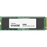 Various Crucial (CT1000E100SSD8) E100 1TB PCIe Gen4 NVMe M.2 SSD, image showing a green circuit board with a white label indicating the Crucial brand, model E100, and specifications.