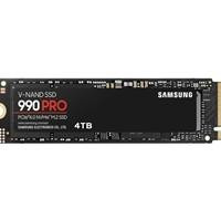 Various Samsung 990 PRO(MZ-V9P4T0BW) 4TB NVMe SSD, PCIe Gen4, M.2 Interface, 2280, Read 7450 MB/s, Write 6900 MB/s, 5 Year Warranty, close-up view of the SSD with black PCB and labels highlighting specifications.