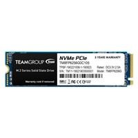 Various Team MP33 (TM8FP6256G0C101) 256GB NVMe M.2 SSD, compact circuit with label showing specifications, 3-year warranty, high-speed PCIe Gen3 interface.
