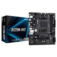 Various ASRock A520M-HVS Super Alloy AMD AM4 Socket Motherboard, Micro-ATX form factor with 2 DDR4 RAM slots, 1 M.2 slot, GbE LAN port, D-Sub and HDMI output, suitable for gaming and home computing.