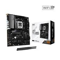 Various ASRock B850 Pro-A WiFi AMD AM5 Socket Motherboard, ATX form factor, with 4 DDR5 memory slots, 4 M.2 sockets, 2.5GbE LAN port, Wi-Fi 6E connectivity, HDMI port, and USB-C port, alongside packaging box.