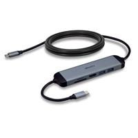 Various Lindy DST-Micro 140 Laptop Docking Station with USB-C, 1x 4K HDMI, and Pass-Through Charging, showcasing a compact docking station with multiple ports and a USB-C cable.