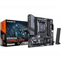 Various Gigabyte B550M GAMING X WIFI6 AMD AM4 Socket Motherboard, Micro-ATX, with multiple slots and ports, boxed packaging, and fitted I/O shield, showcasing features like 4 DDR4 slots, 2 M.2 sockets, GbE LAN, and Wi-Fi 6.