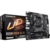 Gigabyte B550M DS3H AC R2 Ultra Durable AMD AM4 Socket Motherboard, Micro-ATX, 4x DDR4 Slots, 2x M.2 Sockets, GbE LAN, Wi-Fi 5 - Front view of the black circuit board with slots for RAM, CPU, M.2 SSDs, and connectivity ports, alongside its packaging box.