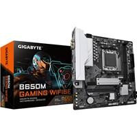 Various Gigabyte B650M GAMING WIFI6E (rev. 1.2) AMD AM5 Socket Motherboard, black and white design with multiple slots for DDR5 RAM, M.2 SSD, and featuring 2.5GbE LAN and Wi-Fi 6E capabilities.