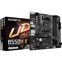 Various Gigabyte B550M K Ultra Durable AMD AM4 Socket Motherboard, Micro-ATX, 4x DDR4 Slots, 2x M.2 Sockets, GbE LAN, 1x DisplayPort / 1x HDMI Port, shown alongside its packaging box.