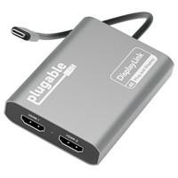 Various Plugable USBC-6950M Portable USB-C to Dual 4K DisplayLink Certified HDMI Adapter, compact metallic gray device with multiple HDMI ports and a USB-C cable for connecting dual 4K displays