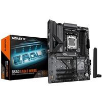 Gigabyte B840 EAGLE WIFI6E AMD AM5 Socket Motherboard, ATX form factor with 4 DDR5 RAM slots, 3 M.2 SSD slots, fitted I/O shield, 2.5GbE LAN, and Wi-Fi 6E connectivity, shown alongside its packaging.
