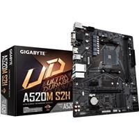 Various Gigabyte A520M S2H Ultra Durable AMD AM4 Socket Motherboard, Micro-ATX, 2x DDR4 Slots, 1x M.2 Socket, GbE LAN, retail packaging and motherboard image.
