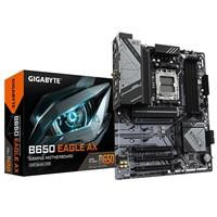 Various Gigabyte B650 EAGLE AX AMD AM5 Socket Motherboard, ATX form factor with fitted I/O shield, featuring 4 DDR5 RAM slots, 3 M.2 SSD sockets, GbE LAN port, and Wi-Fi 6E connectivity, shown alongside its packaging.