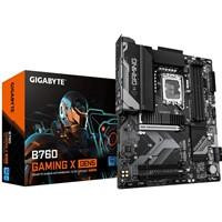 Various Gigabyte B760 GAMING X GEN5 Intel 1700 Socket Motherboard, ATX size with four DDR5 RAM slots, three M.2 SSD slots, 2.5GbE LAN port, HDMI port, and DisplayPort, displayed next to its packaging.