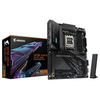 Various Gigabyte X870E AORUS ELITE X3D AMD AM5 Socket Motherboard, ATX model with four DDR5 RAM slots, four M.2 sockets, fitted I/O shield, 5GbE LAN port, and Wi-Fi 7 capability.