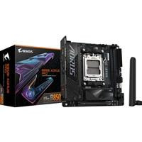 Various Gigabyte B850I AORUS PRO AMD AM5 Socket Motherboard, Mini-ITX, with dual DDR5 slots, dual M.2 sockets, fitted I/O shield, 2.5GbE LAN, and Wi-Fi 7, placed next to its retail box.