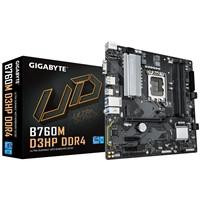 Various Gigabyte B760M D3HP DDR4 Intel 1700 Socket Motherboard, Micro-ATX, 4 DDR4 slots, 2 M.2 sockets, GbE LAN, shown with packaging and motherboard layout.