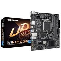 Various Gigabyte H610M S2H V3 DDR4 Ultra Durable Intel 1700 Socket Motherboard, showing the Micro-ATX form factor, DDR4 memory slots, M.2 socket, GbE LAN port, and packaging box with branding.