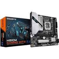 Various Gigabyte H810M GAMING WIFI6 Intel 1851 Socket Motherboard, Micro-ATX, 2x DDR5 Slots, 1x M.2 Socket, Fitted I/O Shield, 2.5GbE LAN, Wi-Fi 6, and its packaging box, showcasing the gaming motherboard design.