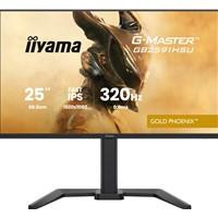 Various iiyama G-Master GB2591HSU-B1 24.5-Inch Fast IPS LCD monitor, showcasing its sleek design and stand, with details of 1920x1080 resolution, up to 320Hz refresh rate, 350 cd/m2 brightness, 0.4ms MPRT response time, and multiple HDMI 2.1 and DisplayPort connectivity options for gaming and professional use.