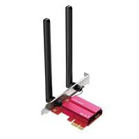 Various Mercusys MA37BE BE6500 Tri-Band Wi-Fi 7 Bluetooth PCI Express Adapter, product image showing the adapter with three antennas and PCIe connector for high-speed wireless connectivity.