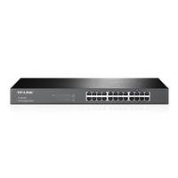 Various TP-Link TL-SG1024 24-Port Metal Gigabit Rackmount Network Switch, front view showing multiple Ethernet ports in a sleek black metal casing.