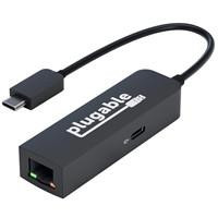 Various Plugable USBC-E2500PD USB-C to 2.5GbE Gigabit Ethernet Adapter with USB-C PD Charging, compact black Ethernet adapter with USB-C port, supporting fast 2.5GbE network connectivity and power delivery.