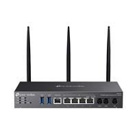 Various TP-Link Omada DR3650v-4G AX3000 Wi-Fi 6 Gigabit Desktop DSL Gateway, black network device with multiple ports and antennas.
