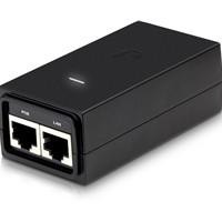 Various Ubiquiti POE-24-12W 24V 12W Fast Ethernet PoE Injector, compact black power device with dual Ethernet ports for powering network devices.