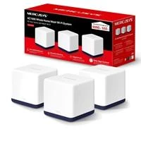 Various Mercusys Halo H50G (3-pack) AC1900 Whole Home Mesh Wi-Fi System, 600 Mbps at 2.4 GHz + 1300 Mbps at 5 GHz, 3x Internal Antennas, shown with three white mesh Wi-Fi nodes and packaging box in the background.