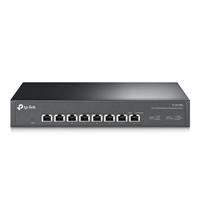 Various TP-Link TL-SX1008 8-Port Metal 10G Desktop/Rackmount Switch, image showing a sleek black network switch with eight Ethernet ports on the front panel.