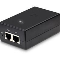 Various Ubiquiti POE-24-24W 24V 24W 1A Passive POE Injector, compact black device with two Ethernet ports and LED indicators for power and connection status.