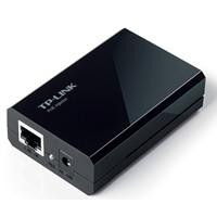 Various TP-Link TL-POE150S IEEE 802.3af PoE Injector, compact black network device with Ethernet port and power input