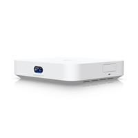 Various Ubiquiti UCG-MAX UniFi Cloud Gateway Max Compact 2.5 GBE Cloud Gateway Router, sleek white networking device with port indicators on the front and compact design.