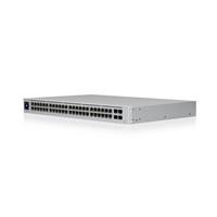 Various Ubiquiti USW-48-POE UniFi Gen2 48 Port PoE Gigabit Network Switch, front view of a 48-port network switch with multiple Ethernet ports and a sleek silver design.