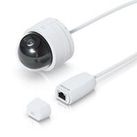 Various Ubiquiti UVC-G5-DOME-ULTRA UniFi Protect G5 Dome Ultra HD PoE Turret IP Camera with 20m Night Vision, showing the compact white dome camera with a black lens, connected via Ethernet cable.