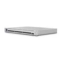 Various Ubiquiti USW-ENTERPRISE-24-POE UniFi Switch Enterprise 24 Port Layer 3 PoE Switch, a sleek gray network switch with 24 ports designed for enterprise-level networking and power over Ethernet capabilities.