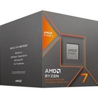 Various AMD Ryzen 7 8700G 8 Core AM5 Processor, product box showing the packaging with specifications including clock speed, cache size, power consumption, and graphics details.