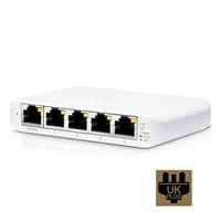 Various Ubiquiti USW-FLEX-MINI UniFi USW Flex Mini 5 Port Smart Managed POE/USB C Powered Gigabit Network Switch, white compact network switch with five Ethernet ports and UK plug