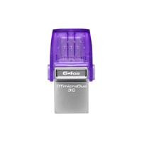 Various Kingston DataTraveler DTDUO3CG3/64GB 64GB MicroDuo USB OTG Flash Drive, 3C, USB-C and Type A, front view showcasing purple and silver design with capacity label