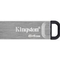 Various Kingston DataTraveler Kyson 64GB USB 3.2 Capless Metal USB Flash Drive, close-up of the sleek, silver, capless design with Kingston branding and 64GB storage capacity.