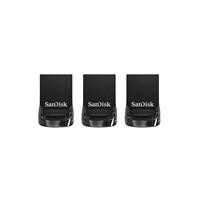 Various SanDisk Ultra Fit - USB flash drive - 32 GB - USB 3.1 - black (pack of 3), three compact black USB drives aligned side by side.
