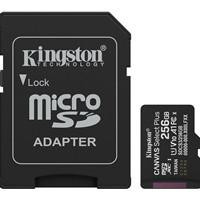 Various Kingston Canvas Select Plus 256GB Class 10 UHS-I Micro SD Card with Lifetime Warranty, close-up of the micro SD card featuring branding and capacity details.