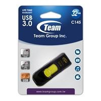 Various Team C145 32GB USB 3.0 Yellow USB Flash Drive, front view of the product packaging with the USB drive inside