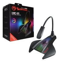 Various Marvo Scorpion MIC-01 RGB USB Powered Flexible Gaming and Streaming Microphone, sleek black microphone with colorful RGB lighting, adjustable arm, and USB connection