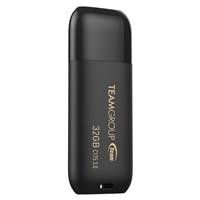 Various Team C175 32GB USB 3.1 Black USB Flash Drive, sleek black portable storage device with gold logo and cap covering the USB connector.