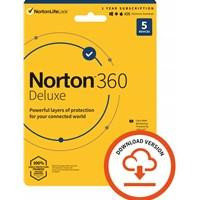 Various Norton 360 Deluxe 2022 Antivirus Software for 5 Devices, 1-year Subscription with Secure VPN, product packaging image.