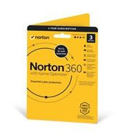 Various Norton 360 with Game Optimizer 2022 software packaging, yellow box displaying Norton logo, antivirus features, VPN, dark web monitoring, and password manager for 3 devices, 1-year subscription