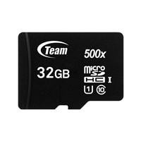 Various Team 32GB Micro SDHC Class 10 UHS-I Flash Card with Adapter, close-up of the black Micro SD card showing branding and specifications.