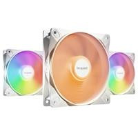 Various be quiet! Light Wings LX 120mm PWM High-Speed Fan, ARGB Lighting, White, Ultra-Quiet Operation, High Airflow, Rifle Bearing, image showing three white fans with customizable rainbow ARGB lighting effects and high airflow design.